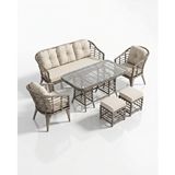 Evessan Bambu Rattan Bahçe Balkon Takımı 3+1+1 - Masa - 2 Adet Puf Krem