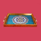 Evidea Kitchen Çiçek Desenli Ahşap Dikdörtgen Tepsi - Mavi - 43 cm - Montajsız