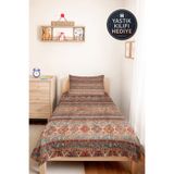 Evimde Bambaşka Etnik Bohem Kiremit Tek Kişilik Pike Takımı - Çizgili Kilim Turkuaz 160x220 cm Kapitone Yatak Örtüsü