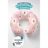 Evimde Bambaşka Papatya ve Gökkuşağı Desenli Ergonomik Boyun Yastığı - Pastel Pembe Sarı Yumuşak Seyahat Yastığı