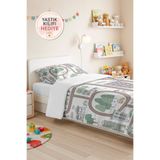 Evimde Bambaşka Şehir Haritası Erkek Çocuk Odası Pike Takımı-Ev Arabalı Yol Desenli Mint Bej Yatak Örtüsü-160x220 cm