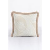 Evimde Bambaşka Zarif Damask Motif Lüx Saçaklı Yastık Kılıfı-Krem Bej Altın Renkli Klasik Püsküllü Kırlent Kılıfı