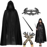 Evimdeyokyok 120 cm Kapüşonlu Siyah Pelerin + Asa + Dantel Maske + Uzun Dantel Siyah Eldiven Kostüm Seti