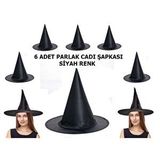 evimdeyokyok Evimdeyokyok Halloween Siyah Renk Parlak Dralon Cadı Şapkası Yetişkin Ve Çocuk Uyumlu 6 Adet Çok Renkli