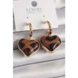 Evimdeyokyok Pirinç Gold Renk 3D Kalp Leopar Desen Model Kadın Küpe TJ-BKP9875