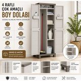 Evinizin Atölyesi 4 Raflı Bölmeli Çok Amaçlı Plastik Boy Dolabı Süpürgelik Kapaklı Kilitlenebilir Ayarlanabilir Raflı Balkon Banyo Kiler Depolama Dolabı