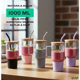 Evist Cam 1000ML Matara Suluk Bambu Kapak & Sızdırmaz Silikonlu Çelik Pipet Koruyucu Silikon Altlık Kılıf - Çok Renkli