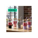 EVİST CAM 1000ML MATARA SULUK BAMBU KAPAK & SIZDIRMAZ SİLİKONLU ÇELİK PİPET KORUYUCU SİLİKON ALTLIK KILIF