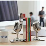 Evist Retro Mikrofon Modeli Kitap Tutucu – Alüminyum, 18X13X8,5 Cm, Şık ve Dekoratif Kitap Stoperi 2li Set - Gümüş