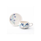 evlashop Mavi Çiçek Desenli Seramik Tabaklı Fincan/Kupa/Mug