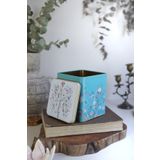 Evle ER024-9F Botanica Blue Desenli Kare Metal 12x12 CM Saklama Kabı