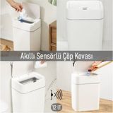 Evle Otomatik Kapak Açan Sensörlü Lüks Çöp Kovası 12 Lt Mat Beyaz Renkli Estetik Tasarım