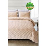 Evlen Home Collection Kapitone Kadife Yatak Örtüsü Seti Çift Kişilik Supersoft 3 Parça Yumuşak Elyaf Dolgulu Çeyizlik Bej
