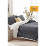 Evlen Home Collection Sherpa Battaniye Seti Çift Kişilik 3 Parça Çizgili Yumuşak Peluş Wellsoft Yatak Örtüsü - 200 x 230 cm - Antrasit