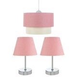 EvLight 3'lü Set Avize Ve Komodin Üstü Krom Abajur / Pembe