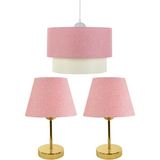EvLight 3'lü Set Avize Ve Komodin Üstü Metal Abajur / Pembe