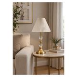 EvLight Elis Gold Metal Kristal Camlı Krem Kumaş Başlıklı Oturma Odası Salon Masa Lambası