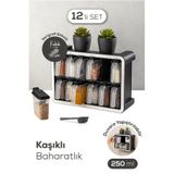 Evlinya Beyaz Serigrafi Etiketli 12'li 250 ml Standlı Kendinden Yapışkanlı Kaşıklı Baharatlık Seti Siyah