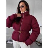 Evlium Kadın Ithal Jakar Kumaş Kemerli Şişme Mont - Yeni Sezon - 003-Bordo - 2XL