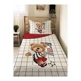 Evmila Futbolcu Teddy Desenli Genç Ve Çocuk Baskılı Tek Kişilik Pike Takımı 160x230 Beyaz