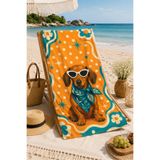 Evmila Gözlüklü Köpek Retro Turuncu Desenli 70x150 Plaj Havlusu, Yumuşak Dokulu Deniz Havlusu Yeni Modeli