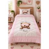 Evmila Happy Teddy Desenli Çift Taraflı 160x220 cm Uyku Seti, Çarşafsız Tek Kişilik Kapitone Yorgan