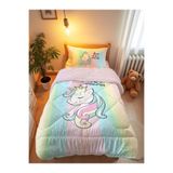 Evmila Pastel Renk Geçişli Unicorn Desenli Tek Kişilik 160x220 Cm Welsoft Çift Taraflı Yorgan Ve Uyku Seti
