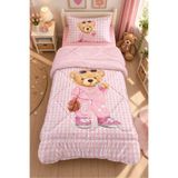 Evmila Pembe Ekose Desenli ve teddy figürlü Tek Kişilik 160x220 Cm Welsoft Çift Taraflı Yorgan Ve Uyku Seti