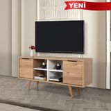 EVMO Home 3321 Sina Tv Ünitesi 130 cm ( Ahşap Ayaklı , Metal Kulplu ) Sepet - Beyaz - Sepet Ceviz - Beyaz