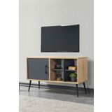Evmo Home Şile 100 Cm Metal Ayaklı TV Ünitesi Açık Raflı Kapaklı TV Sehpası Safir-Antrasit 3109