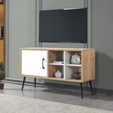 EVMO Home Şile 100 Cm Metal Ayaklı Tv Ünitesi Raflı Kapaklı Tv Sehpası Beyaz-Safir 3111 - Safir Meşe - Beyaz