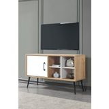 Evmo Home Şile 100 Cm Metal Ayaklı Tv Ünitesi Raflı Kapaklı Tv Sehpası Beyaz-Safir 3111