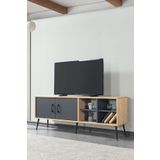 Evmo Home Şile 160 Cm Metal Ayaklı Kulplu TV Ünitesi Raflı 2 Kapaklı Tv Sehpası Antrasit-Safir 3609