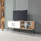 EVMO Home Şile 160 Cm Metal Ayaklı Kulplu Tv Ünitesi Raflı 2 Kapaklı Tv Sehpası Beyaz-Safir 3611 - Safir Meşe - Beyaz