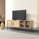 EVMO Home Şile 160 Cm Metal Ayaklı Kulplu TV Ünitesi Raflı 2 Kapaklı Tv Sehpası Safir 3608 - Safir Meşe
