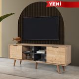 EVMO Home Sina 160 Cm Ahşap Ayaklı Metal Kulplu Açık Raflı TV Ünitesi ve Sehpası Safir-Antrasit 3619 - Safir - Antrasit