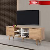EVMO Home Sina 160 Cm Ahşap Ayaklı Metal Kulplu Açık Raflı TV Ünitesi ve Sehpası Sepet-Beyaz 3621 - Sepet Ceviz - Beyaz