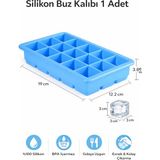 Evolis Kitchen 1ADET 15 Bölmeli Büyük Boy Silikon Buz Kalıb-Kare Buzluk Kokteyl Sunum Buz Kalıbı Et Suyu Saklama - Mavi