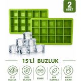 Evolis Kitchen 2 Adet 15 Bölmeli Büyük Boy Silikon Buz Kalıb-Kare Buzluk Kokteyl Sunum Buz Kalıbı Et Suyu Saklama - Yeşil