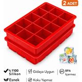 Evolis Kitchen 2ADET 15 Bölmeli Büyük Boy Silikon Buz Kalıb-Kare Buzluk Kokteyl Sunum Buz Kalıbı Et Suyu Saklama - Kırmızı