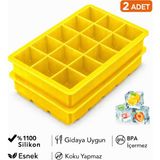 Evolis Kitchen 2ADET 15 Bölmeli Büyük Boy Silikon Buz Kalıb-Kare Buzluk Kokteyl Sunum Buz Kalıbı Et Suyu Saklama - Sarı