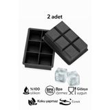 evolis kitchen 2Adet (6 Bölmeli Büyük Boy Silikon Buz Kalıbı Silikon Kare Buzluk Kokteyl Çok Amaçlı (Siyah)