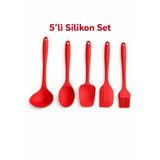 evolis kitchen 5’Li Isıya Dayanıklı Yanmaz Yapışmaz Silikon Mutfak SETİ Kepçe-Fırça-Kaşık-Oval Spatula-Spatula Çok Amaçlı Büyük Boy Mutfak seti (Kırmızı)
