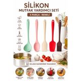 evolis kitchen Isıya Dayanıklı Yanmaz Yapışmaz Silikon Spatula Mutfak Seti 5 Parça Kepçe-Fırça-Kaşık-Oval Spatula-Spatula (RENKLİ)