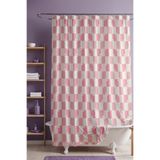 EVPANYA Banyo Perdesi, Papatyalı Pembe Kareler Desenli Duş Perdesi, Küvet Perdesi 175x200cm