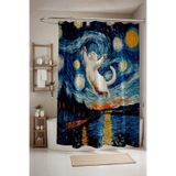 EVPANYA Banyo Perdesi, Yıldızlı Gecede Beyaz Kedi Desenli Duş Perdesi, Küvet Perdesi 175x200cm