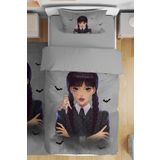 EVPANYA Gri Wednesday Addams Desenli Tek Kişilik Bebek Çocuk Nevresim Takımı