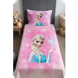 EVPANYA Kar Kristallı Pembe Elsa Desenli Yatak Örtüsü ve Yastık Kılıfı