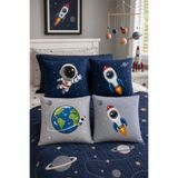 EVPANYA Lacivert Gri Uzay ve Astronot Desenli 4'Lü Çocuk ve Bebek Kırlent Kılıfı Seti