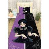 EVPANYA Mor Siyah Wednesday Addams Desenli Yatak Örtüsü Ve Yastık Kılıfı